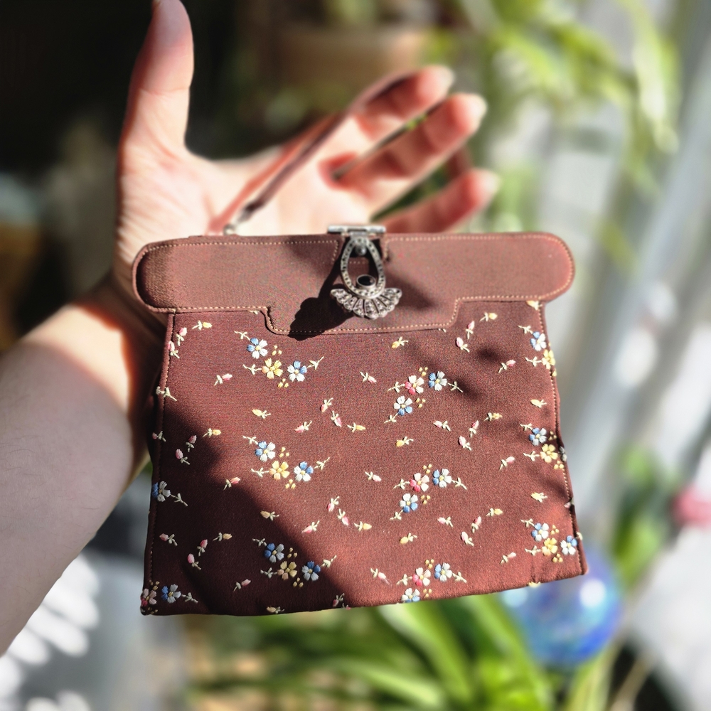 Embroidered Floral Brown Chiffon HandBag